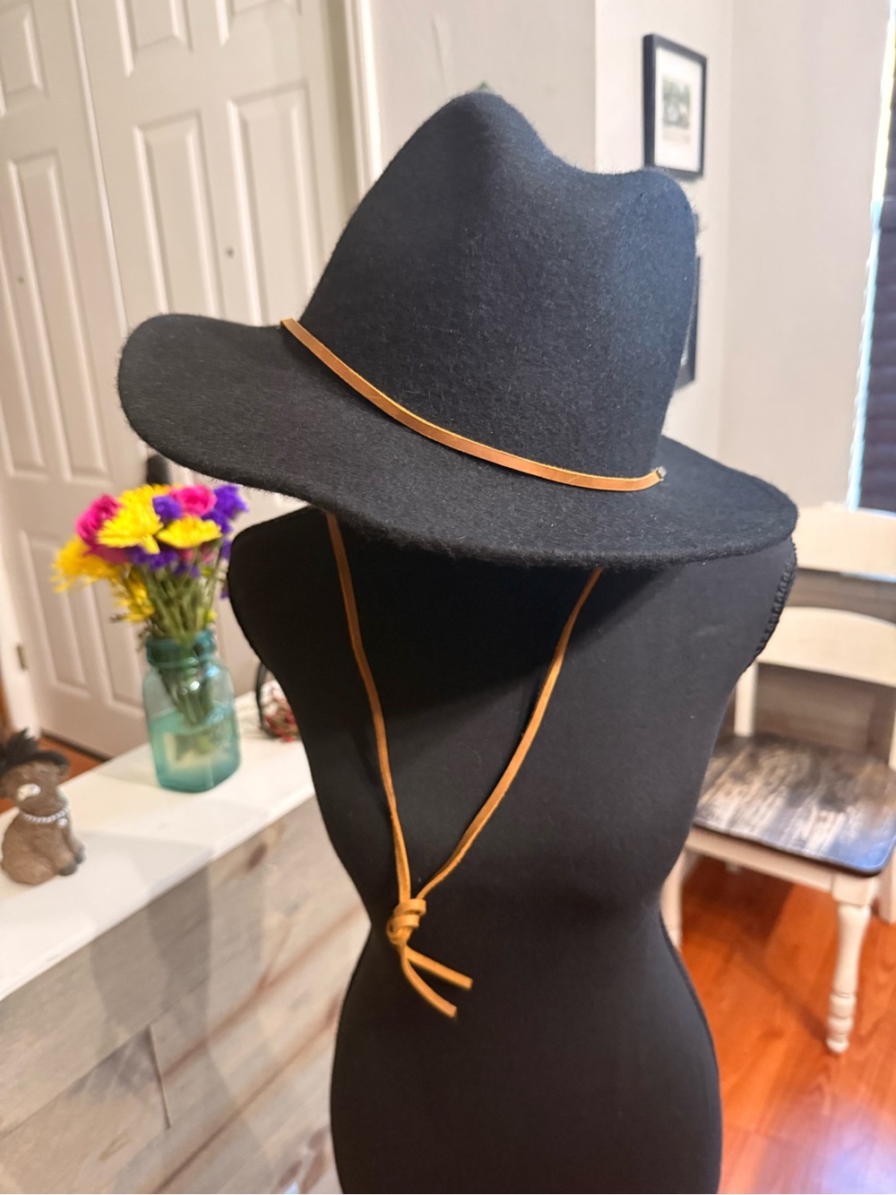 Stylish Brixton Black Wide-Brim Fedora Hat with Tan Chin Strap